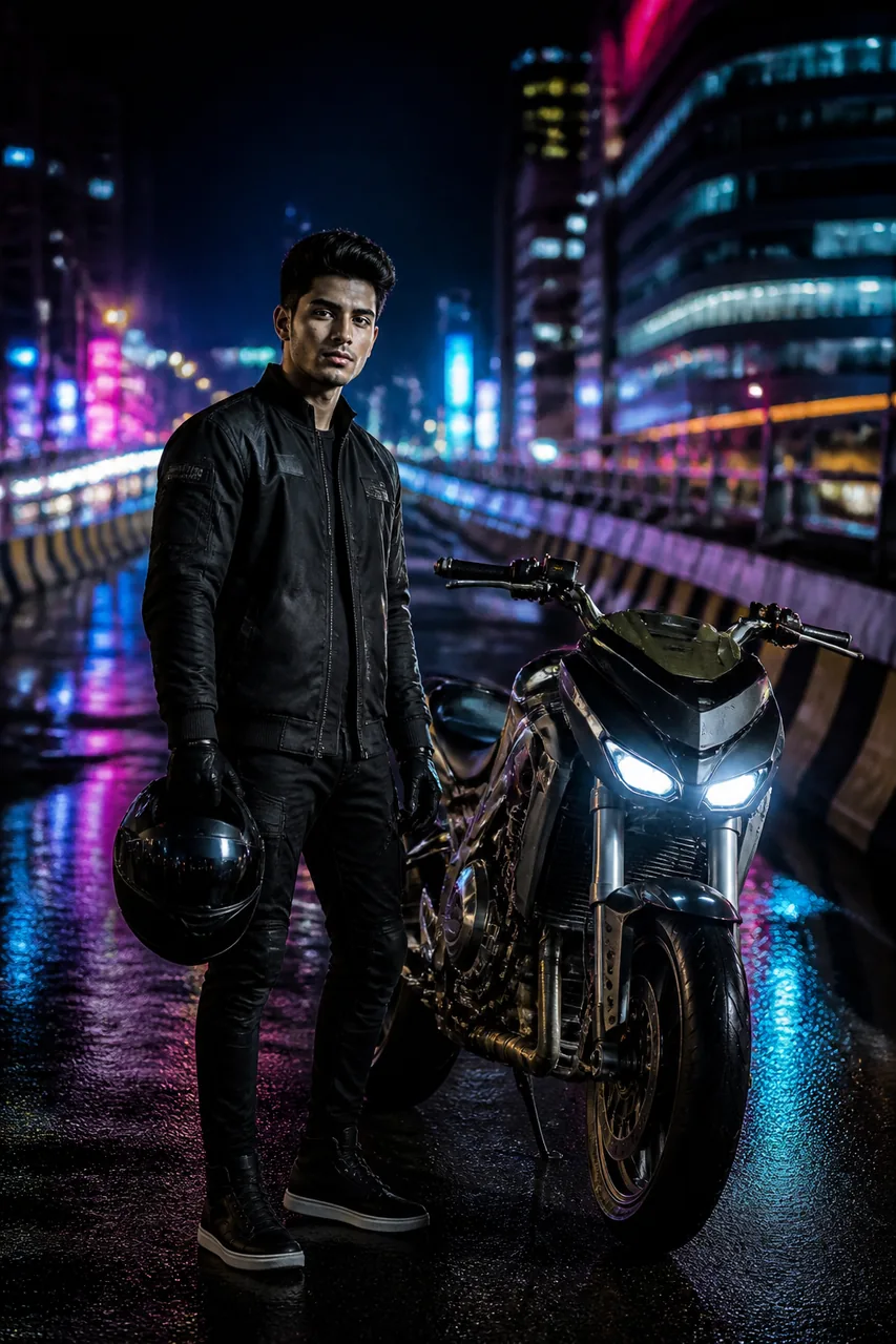 Night City Neon Bridge Bike Rider Photo (ChatGPT AI) – AI se bani photo