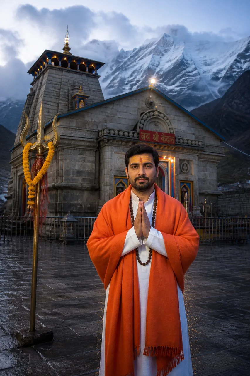 Pranam Mudra at Kedarnath Mountain Temple Prompt (Gemini AI) – AI se bani photo