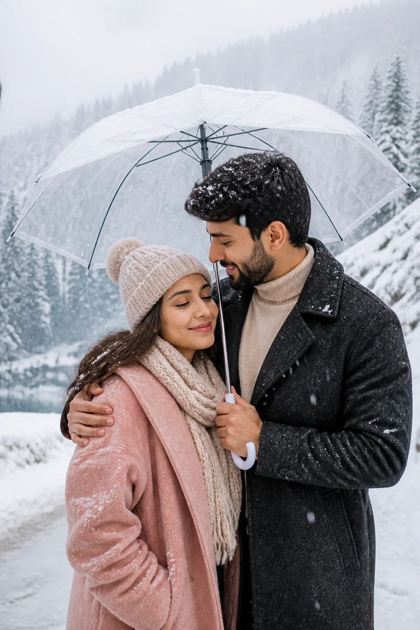Romantic Kashmir Snowfall Couple Photo (Meta AI) – AI se bani photo