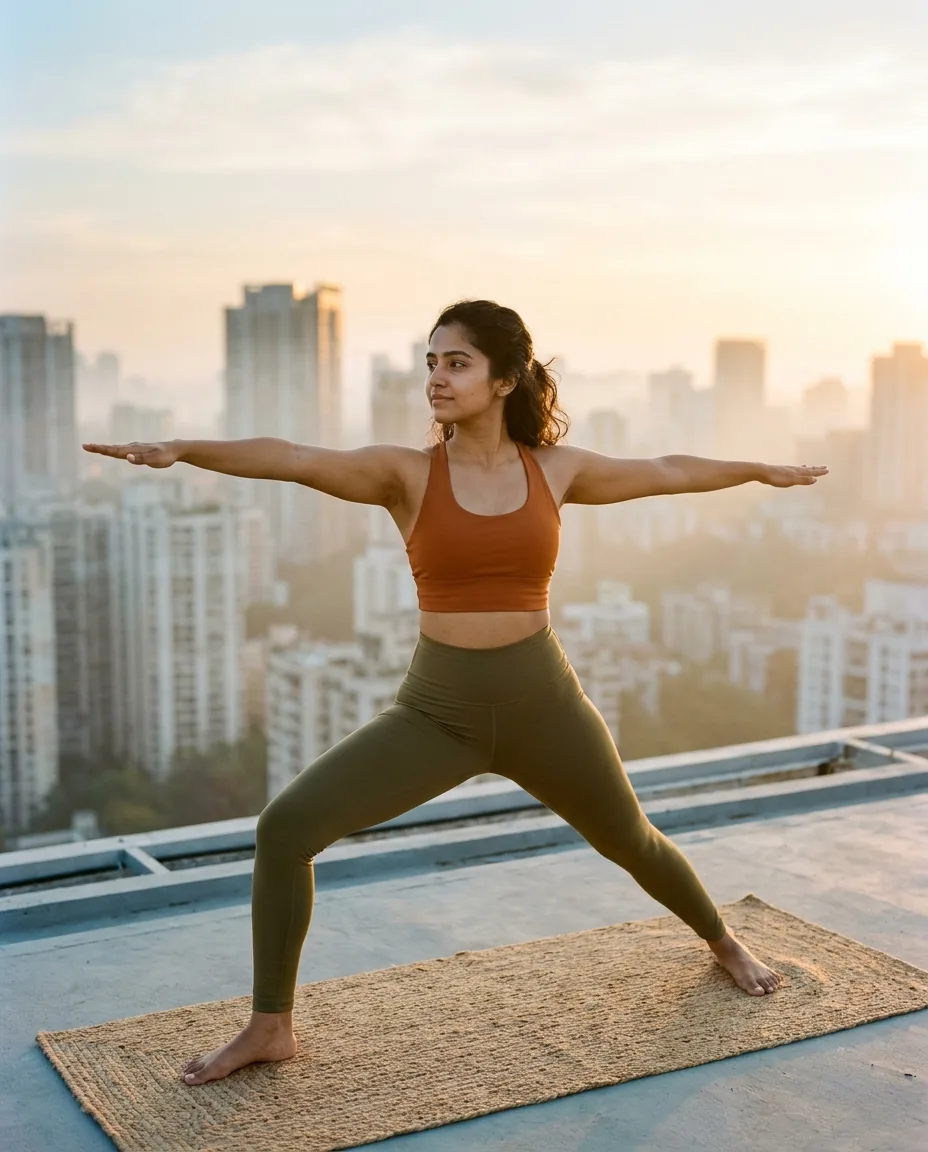 Rooftop Sunrise Yoga Warrior Pose Photo Prompt – AI se bani photo