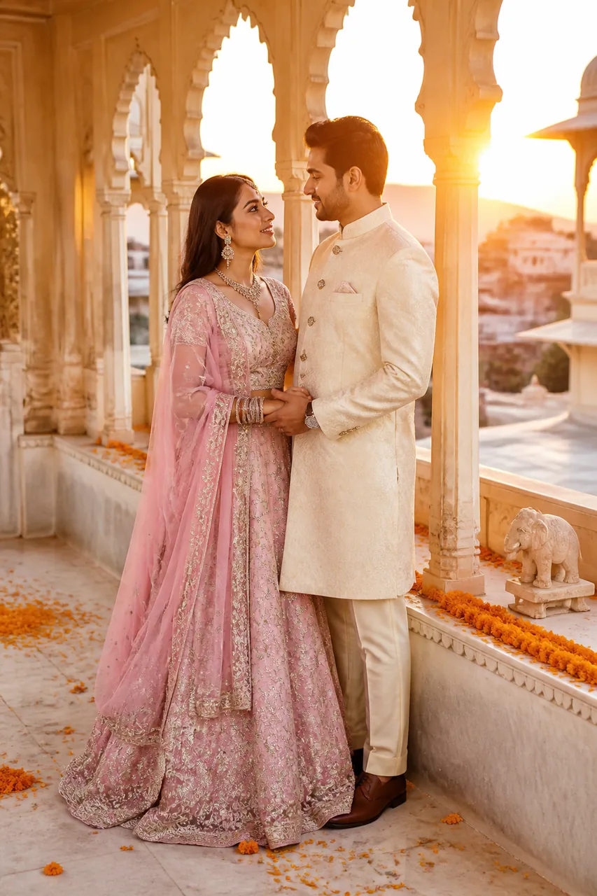 Royal Rajasthan Palace Courtyard Pre-Wedding Photo Prompt – AI se bani photo