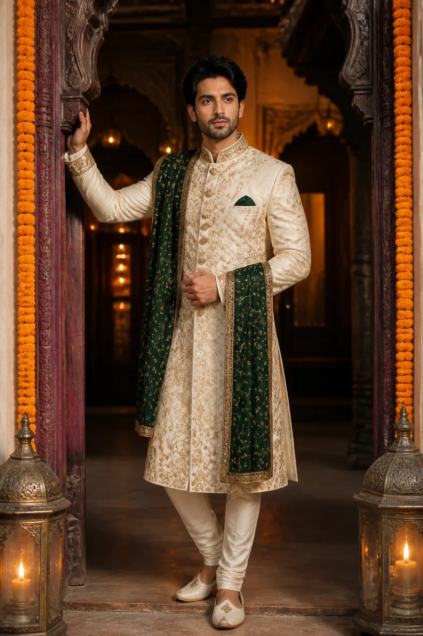 Royal Sherwani Diwali Haveli Door Photo Prompt – AI se bani photo
