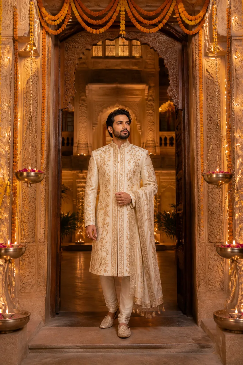 Royal Sherwani Haveli Entrance Diwali Photo AI Prompt – AI se bani photo