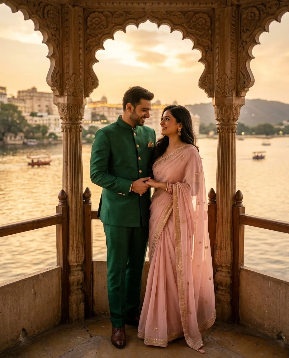 Royal Udaipur Palace Sunset Couple Photo (Gemini AI) – AI se bani photo