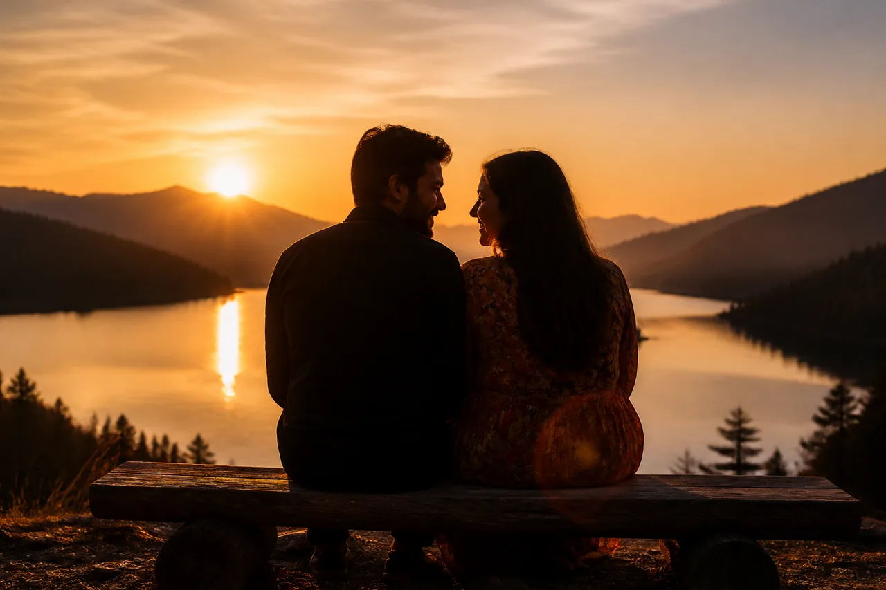 Serene Mountain Lake Sunset Couple Prompt (ChatGPT AI) – AI se bani photo