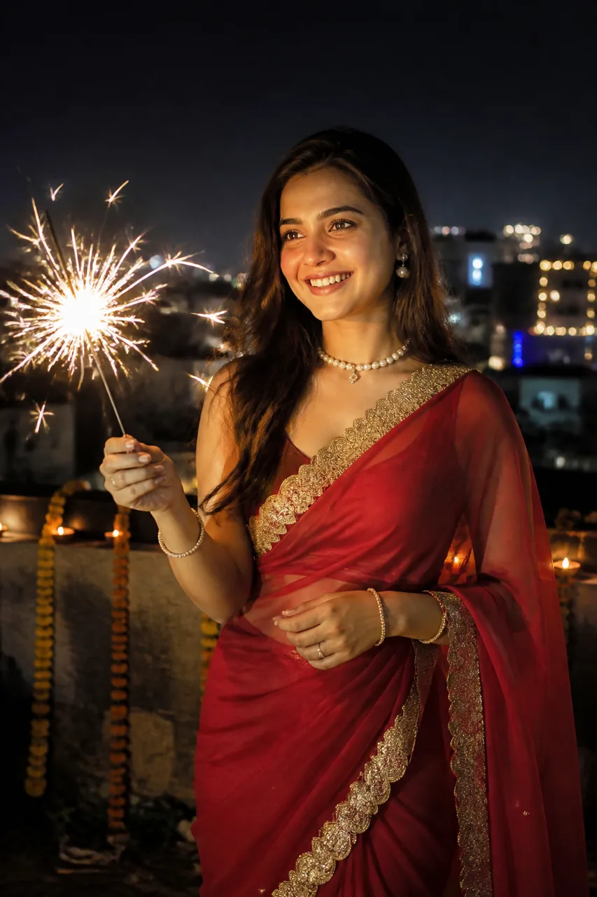 Sparkler Phuljhadi Night Glow Organza Saree Prompt – AI se bani photo