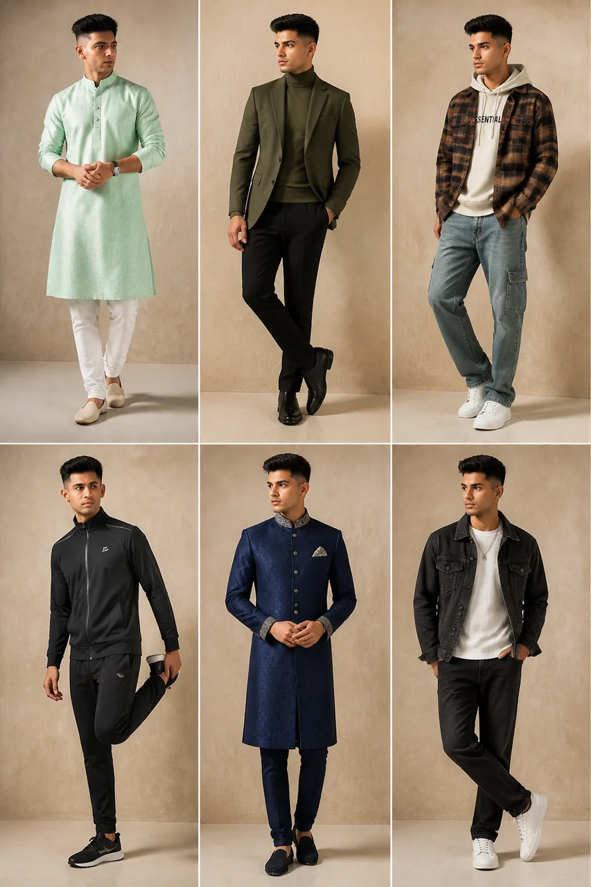 Stylish 6 Looks Mens Fashion Grid (AI Studio Prompt) – AI se bani photo