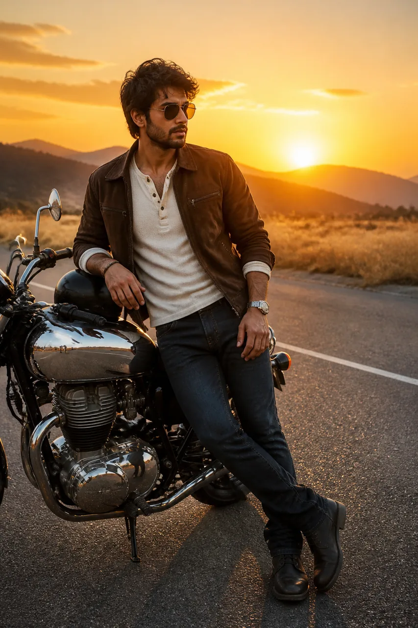 Sunset Highway Cruiser Bike Photo Prompt for Men – AI se bani photo