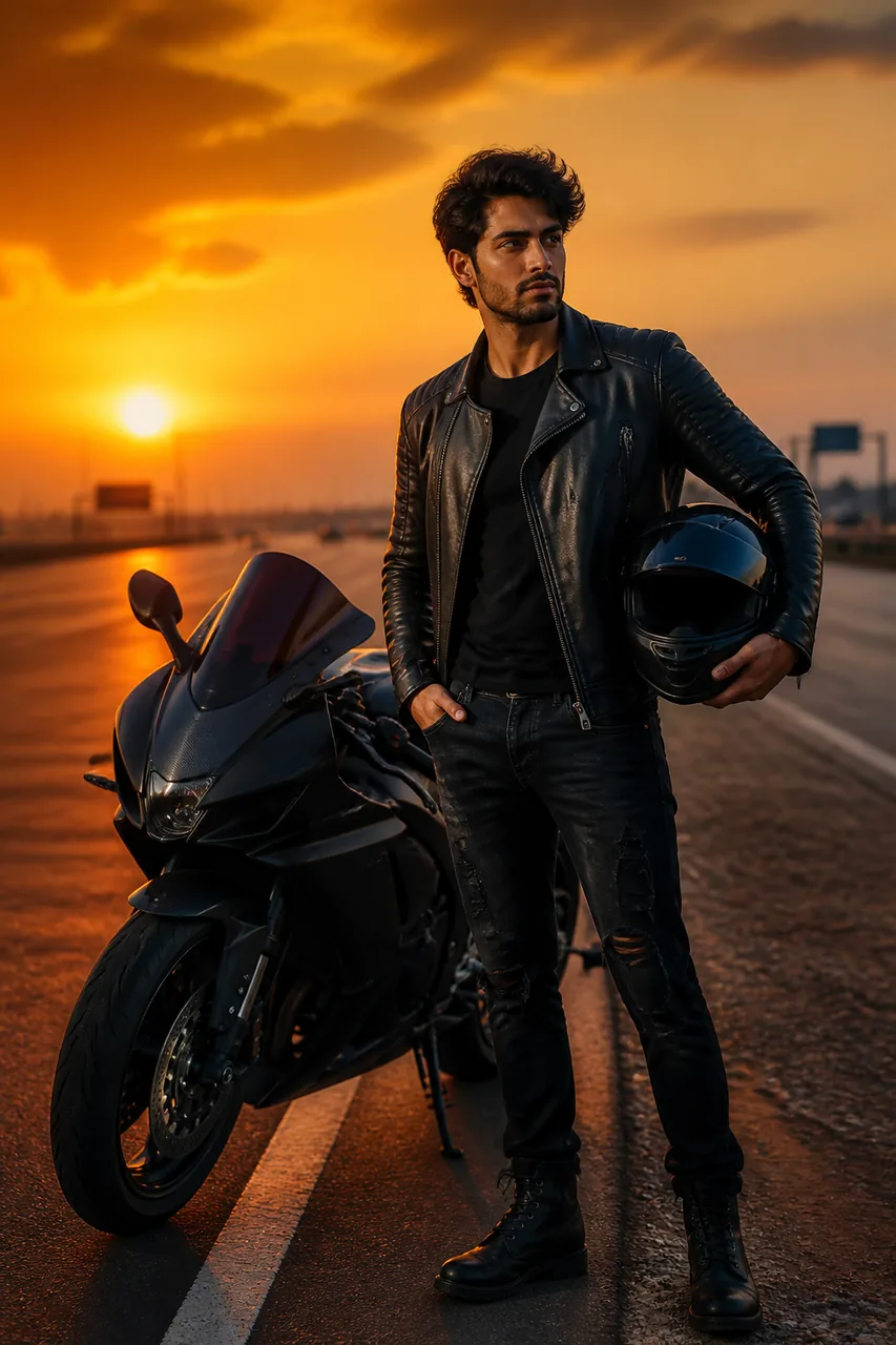 Sunset Highway Sports Bike Rider Photo (Gemini AI) – AI se bani photo