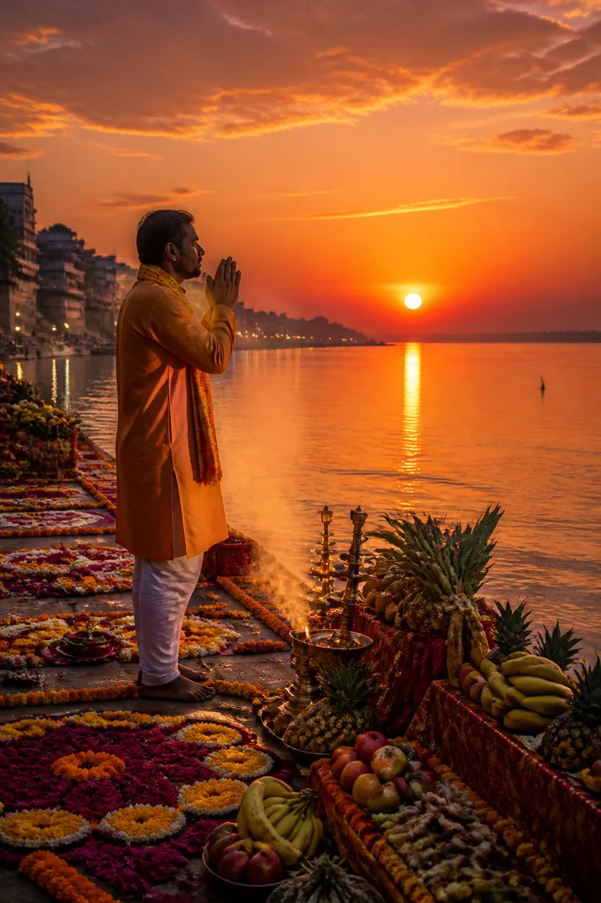 Sunset Sandhya Arghya River Ghat Festive Scene Prompt – AI se bani photo