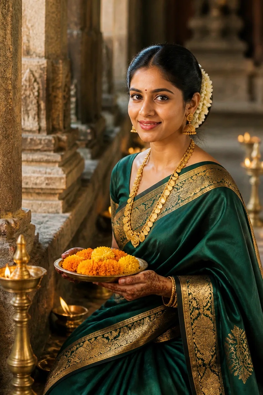 Traditional Banarasi Saree Temple Festive Photo Prompt – AI se bani photo