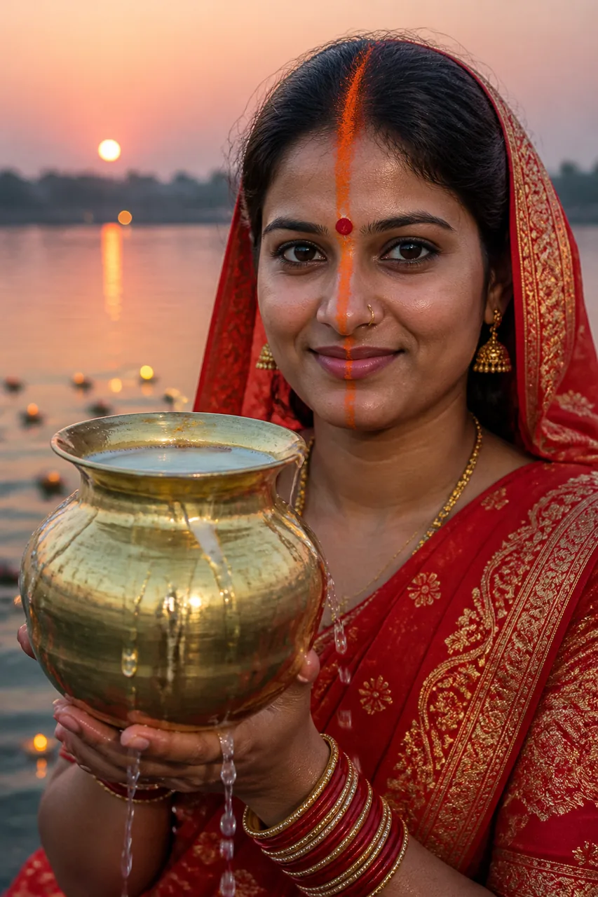 Traditional Bihari Chhathi Maiya Devotee Portrait (Sindoor Look) – AI se bani photo