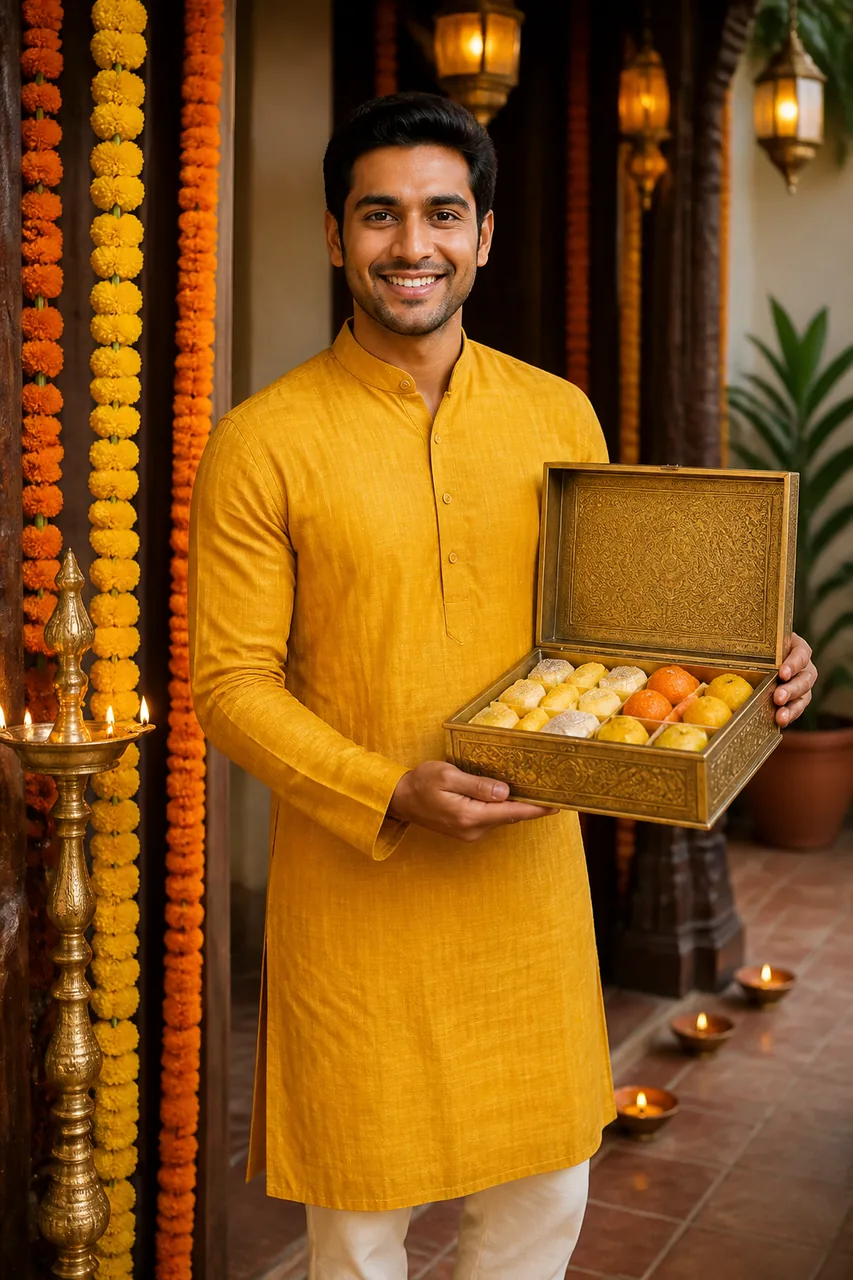 Traditional Diwali Mithai Box Kurta Photo Prompt for Boys – AI se bani photo