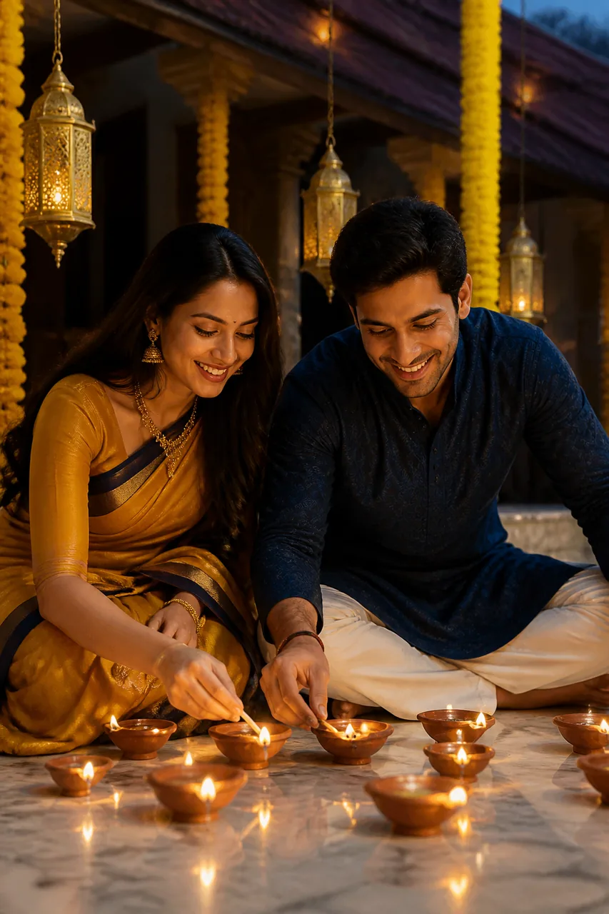 Traditional Diwali Veranda Couple Diya Lighting Photo – AI se bani photo
