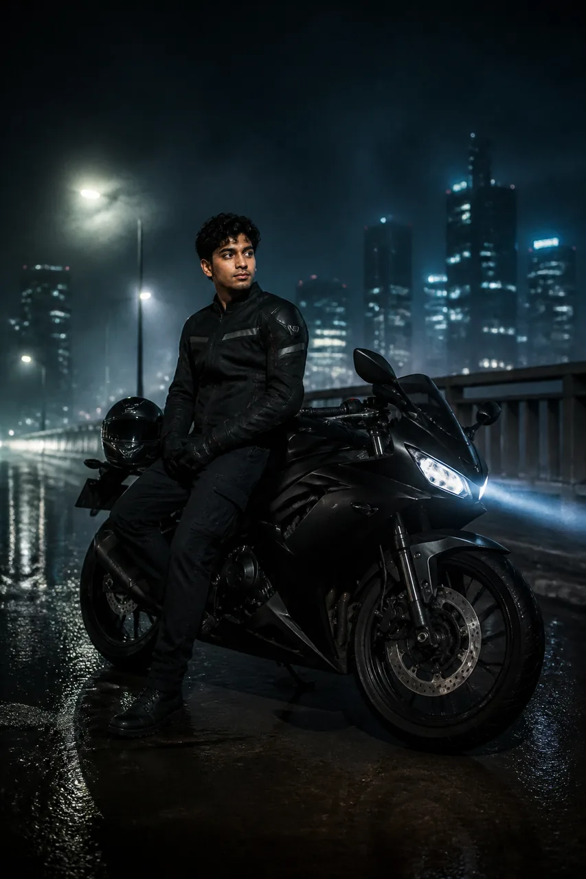 Urban Overpass Sports Bike Night Portrait (ChatGPT & Gemini) – AI se bani photo