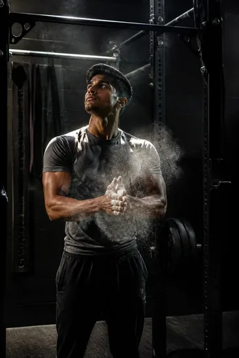 Chalk Hands Pull-Up Rig Fitness Portrait (AI)
