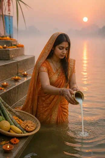 Chhath Morning Usha Arghya with Rising Sun Photo Prompt