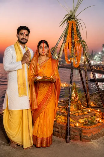 Chhath Puja Couple at Decorative Ghat Photo Prompt