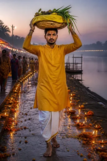 Chhath Puja Daura on Head Procession Photo Prompt for Men