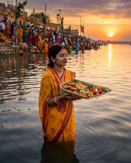 Chhath Puja Ghat Photo Prompt for Women (Saree)