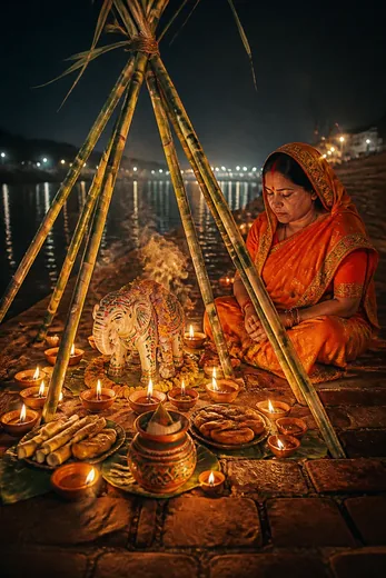 Chhath Puja Koshi Bharai Evening Ritual with Glowing Diyas
