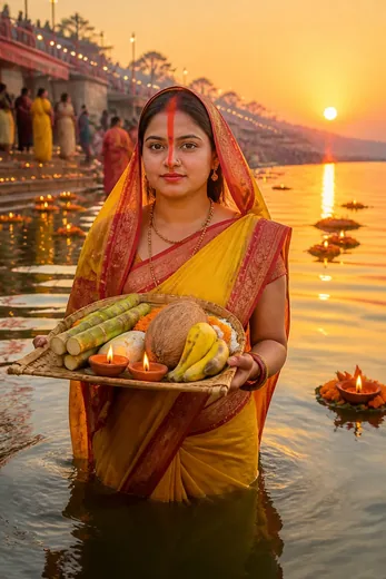 Chhath Puja Sunset Arghya at River Ghat Photo Prompt