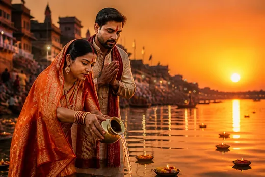 Couple Sandhya Arghya Sunset Ghat Photo Prompt (Gemini AI)