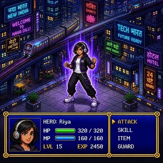 Cyberpunk Indian RPG 16-Bit Pixel Game Card Prompt