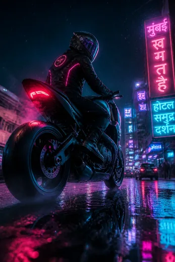 Cyberpunk Neon Mumbai Night Biker Reel Prompt (Veo / Kling)