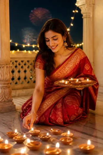 Diwali Balcony Diya Photo in Banarasi Saree (Gemini AI)