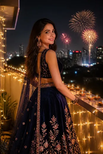 Diwali Balcony Night View Lehenga Photo Prompt