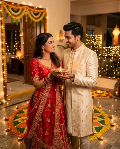 Diwali Couple Photo Prompt with Diyas and Rangoli