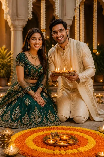 Diwali Couple Portrait with Rangoli and Brass Thali