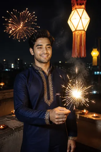 Diwali Kurta & Sparkler (Phuljhadi) Terrace Photo Prompt