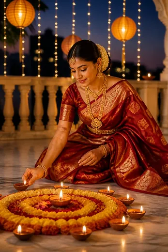 Diwali Red Banarasi Saree Diya Lighting Photo Prompt