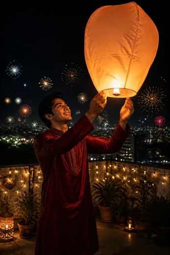 Diwali Rooftop Sky Lantern Kurta Photo AI Prompt