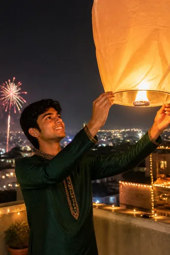 Diwali Rooftop Sky Lantern Photo Prompt for Boys