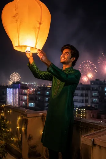Diwali Rooftop Sky Lantern Photo Prompt for Men