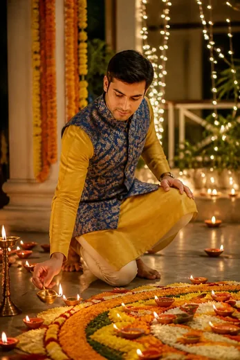Diwali Silk Kurta & Nehru Jacket Diya Photo AI Prompt