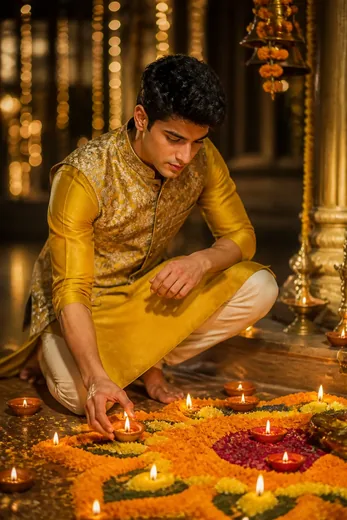 Diwali Silk Kurta & Nehru Jacket Diya Photo Prompt