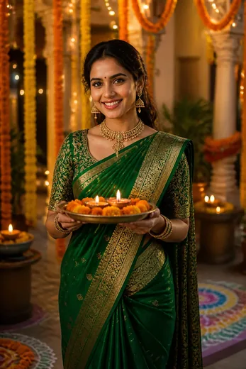 Diwali Silk Saree Diya Thali Photo Prompt (AI)