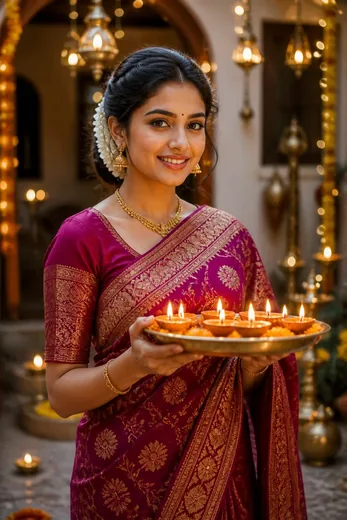 Diwali Silk Saree & Diya Thali Photo Prompt for Girls