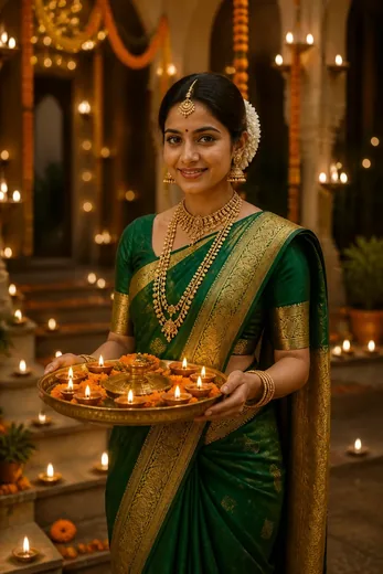 Diwali Silk Saree with Diya Thali Photo Prompt