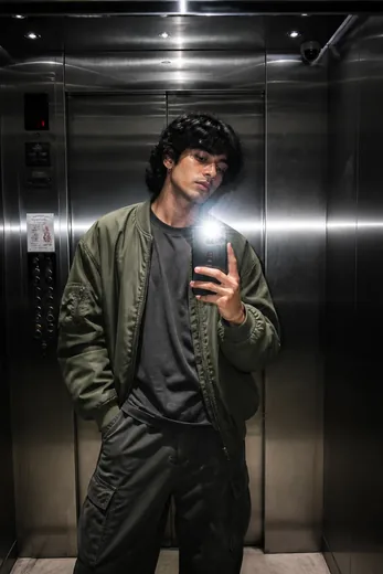 Elevator Mirror Selfie with Direct Flash Streetwear Look