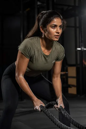 Female Battle Rope Fitness Portrait with Chalk Dust