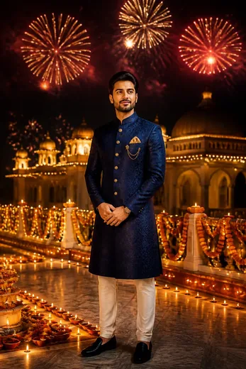 Grand Diwali Fireworks Terrace Portrait in Royal Sherwani