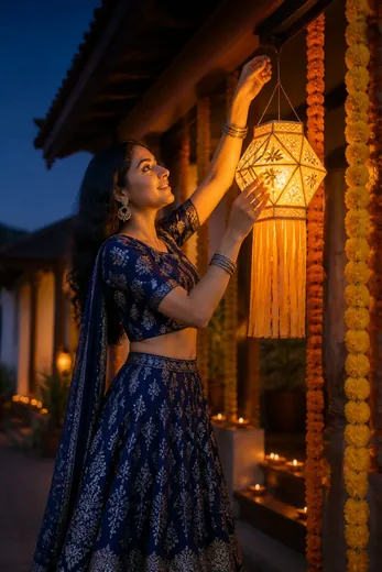 Hanging Akash Kandil Lantern Lehenga Diwali Prompt