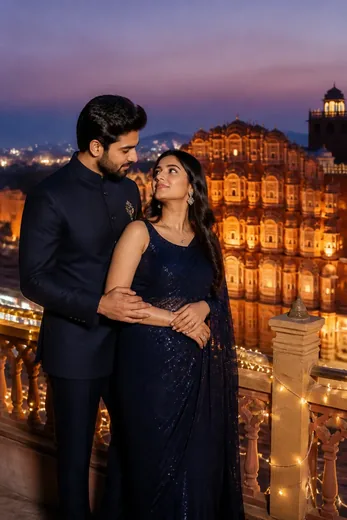 Jaipur Hawa Mahal Sunset Terrace Pre-Wedding Photo Prompt