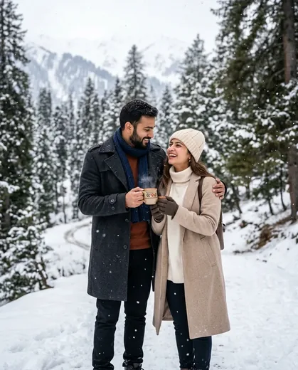 Kashmir Snowfall Cozy Couple Photo Prompt (ChatGPT)