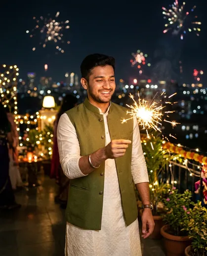 Men's Diwali Kurta with Sparkler Photo Prompt